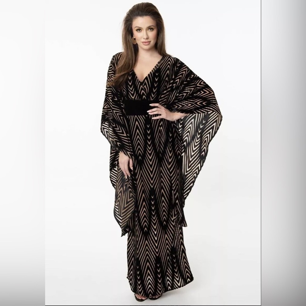 Unique Vintage Black Velvet & Gold Striped Caftan Dress